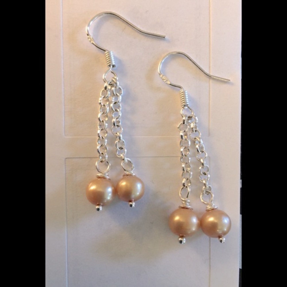 Genuine Peach Cultured Pearl Dangle Earrings 5-6mm Artesian Made
